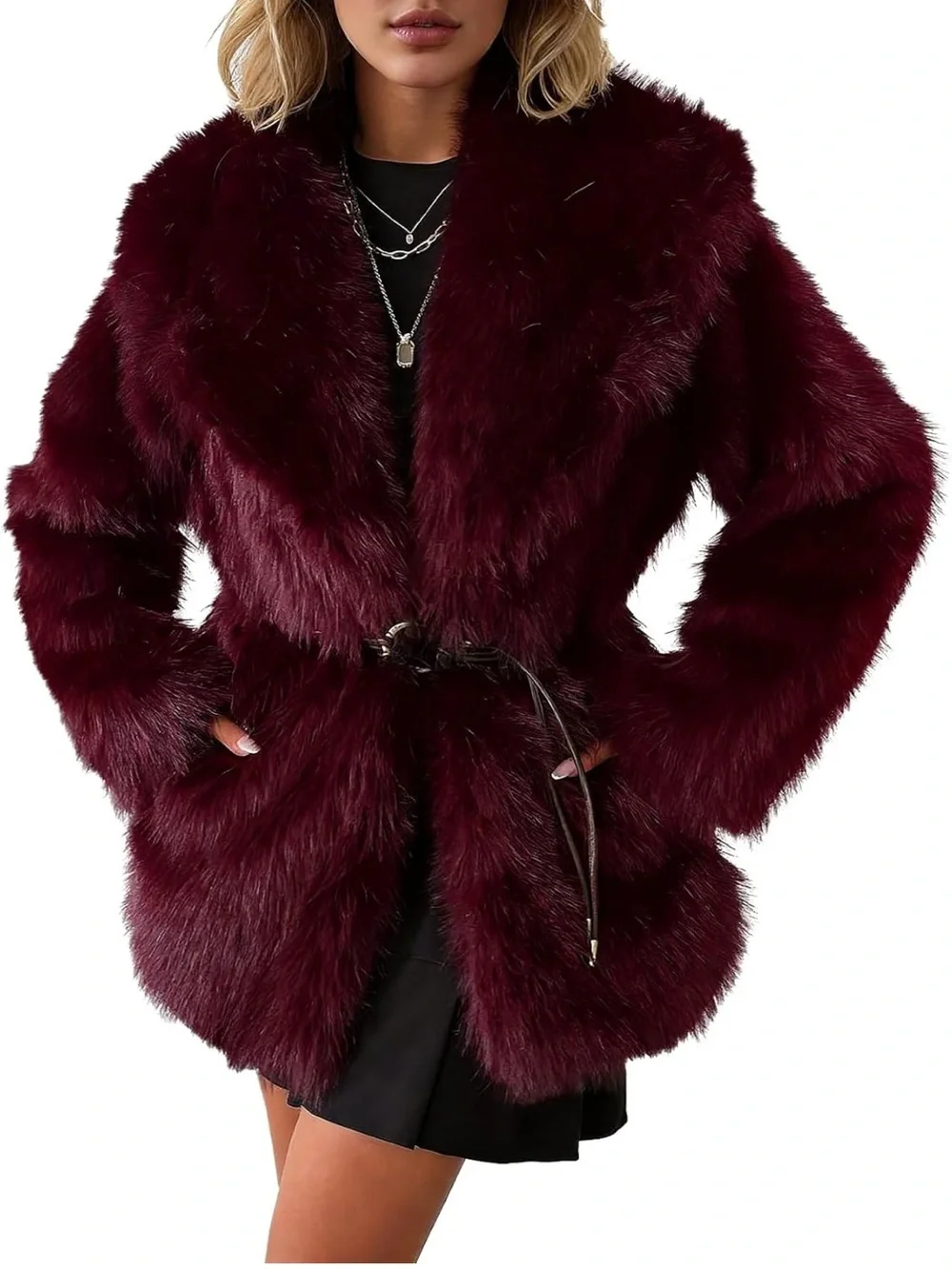 Women's Faux Fur Coat - Burgundy Plush belted Jacket